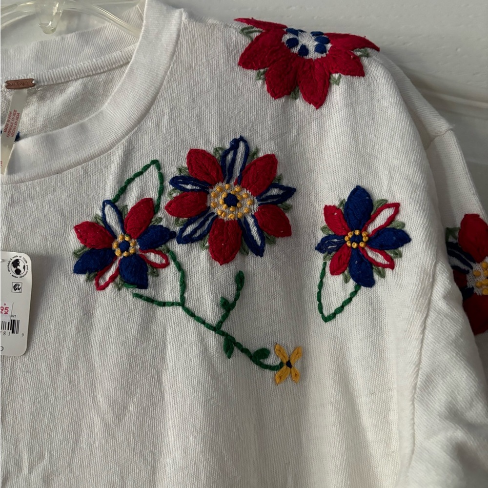 Free People White Tee with Red and Blue Floral Embroidery - Picture 3 of 6